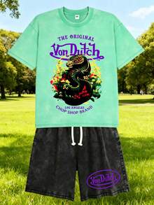 Mens Creative T Shirt And Shorts Set American Vintage Full Print Street Wear Essential Graphic T Shirt And Shorts Set With Dragon And Floral Design And Vonn Dutch Logo For Casual Outfits Print Washed T Shirt Set - 青碧色 - 查看 1