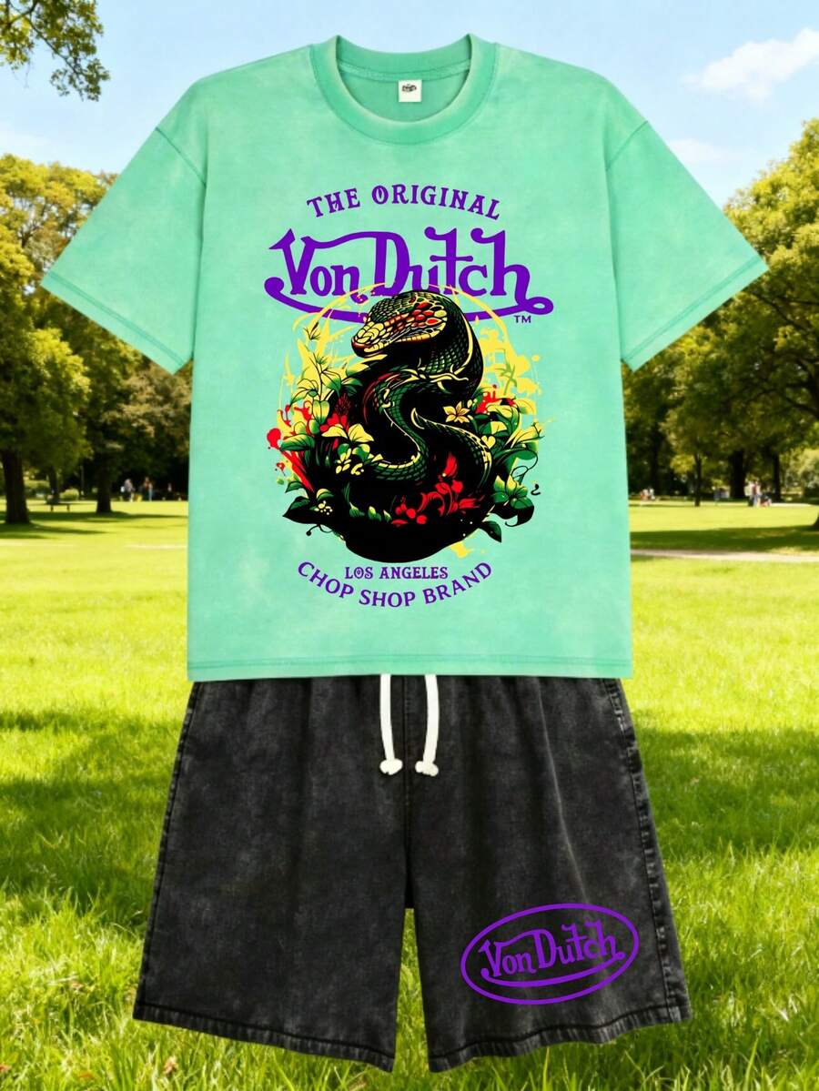 Mens Creative T Shirt And Shorts Set American Vintage Full Print Street Wear Essential Graphic T Shirt And Shorts Set With Dragon And Floral Design And Vonn Dutch Logo For Casual Outfits Print Washed T Shirt Set - 青碧色 - 查看 1