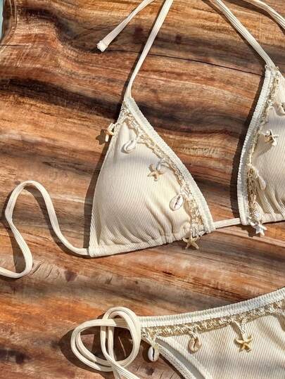 Bikinx Women's Solid Color Satin Ribbon & Shell Decor Triangle Cup Tie Bikini Set, Suitable For Summer Beach Vacation