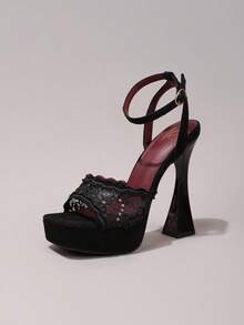 Fashionable Lace Embroidered Black High Heel Sandals, Open Toe Square Heel Wedge Slippers, High Platform Heels For Women, Sexy Party Shoes - Black - View 15