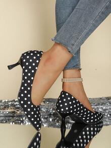 1 Pair Women's French Luxury Polka Dot Pointed Toe Stiletto Heels; White Polka Dot Print Design, Low-Cut To Elongate Foot, Comfortable & Versatile, Suitable For Spring/Summer Commute And Dating - Black - View 5