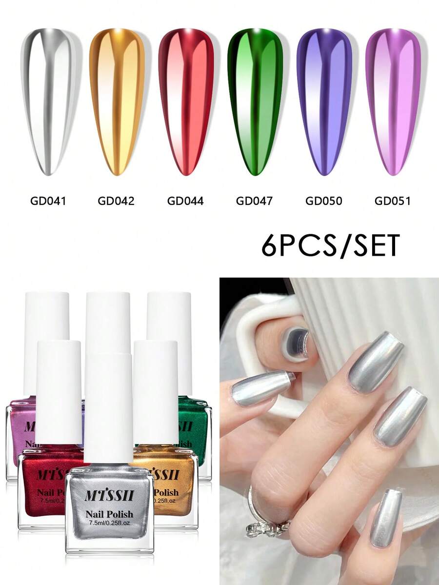 Mtssii 6PCS 7.5ml Mirror Effect Metallic Nail Polish Set Super Bright Metal Color Gold Silver Purple Blue Nail Polish - Quick-Dry, No Need Led UV Lamp Cured, Unscented, Purple, Red, And Beige Options For Women, Perfect Gift For Nail Lovers, Nail Supplies Vibrant Nail Polish Durable Nail