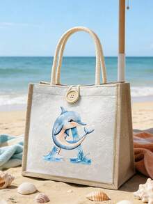 1pc Linen Handbag With Cute Dolphin Letters A-Z, Ditsy Floral Linen Button Decorative Handbag, Portable Travel Beach Handbag, Swimming Gear Storage, Button Embellished Handbag, Simple Large Capacity Handbag, Portable Casual Storage Handbag, Multifunctional Shopping Bag, Gifts For Family, Friends, Loved Ones, And Teachers, Unique Birthday Gifts, Holiday Gifts, Party Gifts, Mother's Day Gifts, Wedding Gifts, Back-To-School Gifts - Multicolor - View 6
