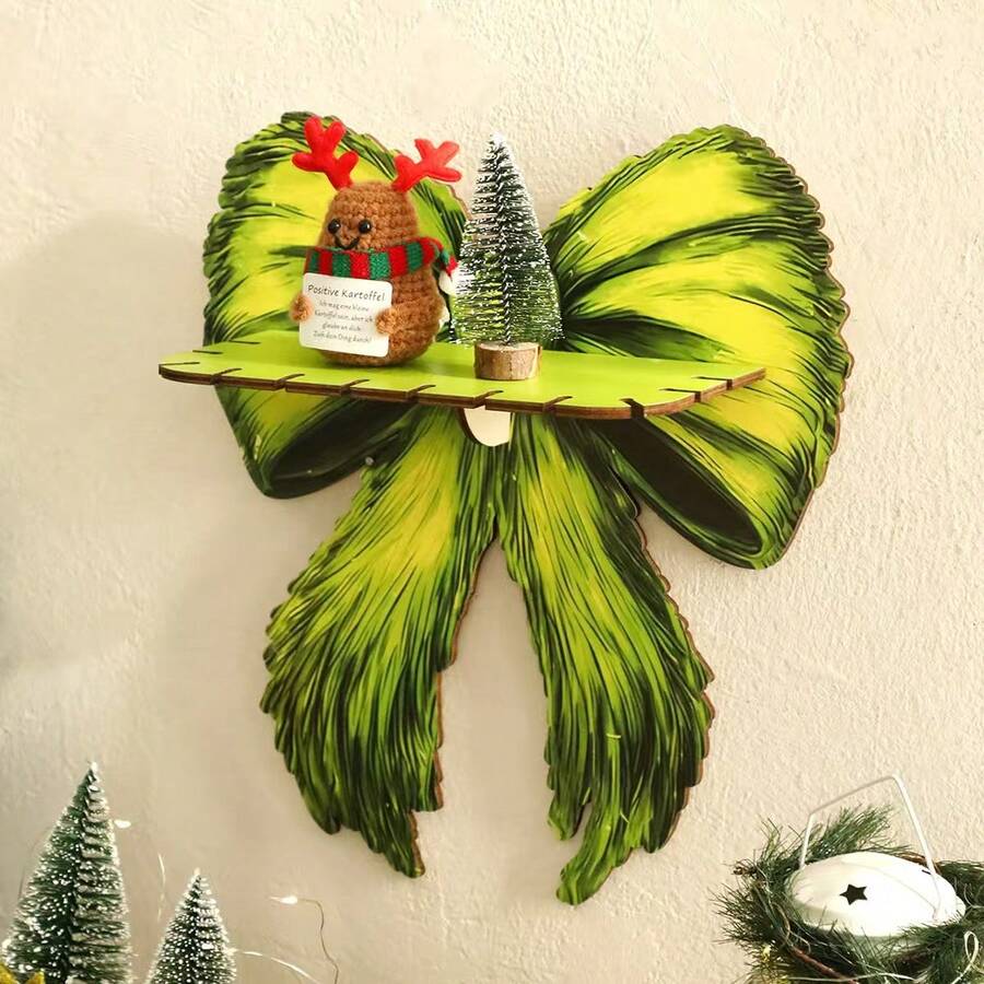 1pc Bohemian Green Butterfly Wooden Shelf, Tropical Leaf Shaped Wall Mounted Storage Rack, Minimalist Home Bedroom Living Room Wall Decor Hanger, Christmas & Housewarming Gift - Multicolor - View 1