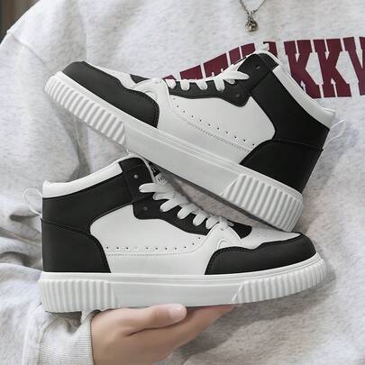 Men's Brown, White, Red, Black & White Color Block High-Top Soft Sole Sneakers, Retro Lace-Up Chunky Heel Casual Skateboard Shoes, Thick Sole Comfortable Walking Shoes, Suitable For Daily Street Wear