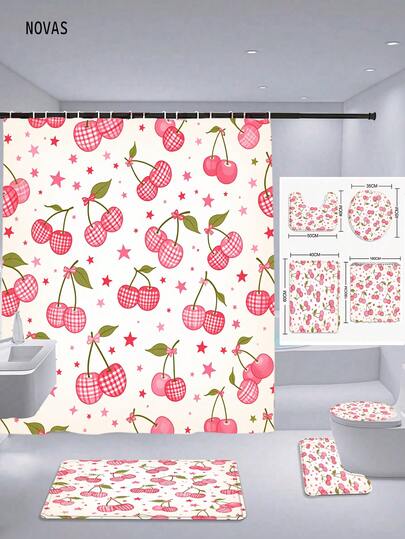 1/3/4 件套樱桃印花浴帘套装，粉色格子浴室装饰，红色星星图案浴帘搭配防滑地垫，完美适用于家居/卧室/客厅/家用物品/夏季