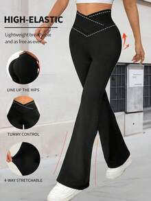 Black High Elastic Crossover Waist Flared Pants For Women, Tummy Control 4-Way Stretch Bootcut Yoga Pants For Daily & Fitness Outfits,Women's Leggings,Gym Clothes Women,Gym Clothes Women,Summer Outfits For Women,Summer Clothes,Beachwear,Vacation Outfits Women,Vacation Essentials - màu đen - Xem 2