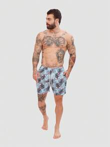 Men's Basic Blue Foliage Shorts In Tactel Fabric With Pockets And Drawstring - Ideal For Beach, Training, And Running. - Southern Foliage - View 2