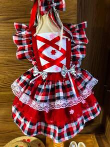 romper junino infantil jardineira junina bebe vestido quadrilha vestido são João menina - Vermelho - Visão 7
