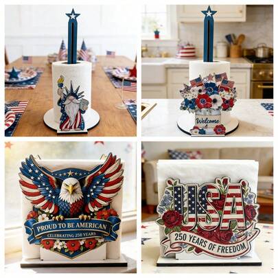 Hộp đựng khăn giấy bằng gỗ dạng đứng, thiết kế Tượng Nữ thần Tự do và Đại bàng đầu trắng, vật trang trí kỷ niệm 250 năm Ngày Độc lập.