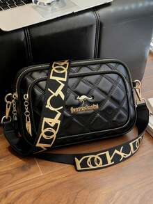 New Fashion Classic Versatile Solid Color PU Waterproof Material Rhombus Pattern Design Retro Metal Animal Logo Decor Shoulder Bag Square Bag Letter Pattern Decoration Women Wallet Crossbody Bag, Suitable For Shopping, Holiday Gift - Black - View 1