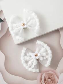 2 piezas Pinzas para el cabello con lazo de encaje, pasadores de cabello con flores blancas para niñas - Blanco - Ver 4