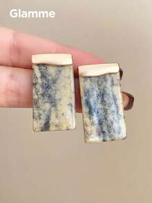 1 Pair Resin Rectangular Stone Texture Earrings, Vintage Casual Versatile Party Personalized Earrings For Women - Grey - View 4