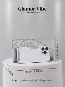 Sparkling Rhinestone Decorated Evening Clutch - Silver Glitter Envelope Bag With Detachable Chain, Suitable For Weddings, Galas And Parties - Silver - View 6