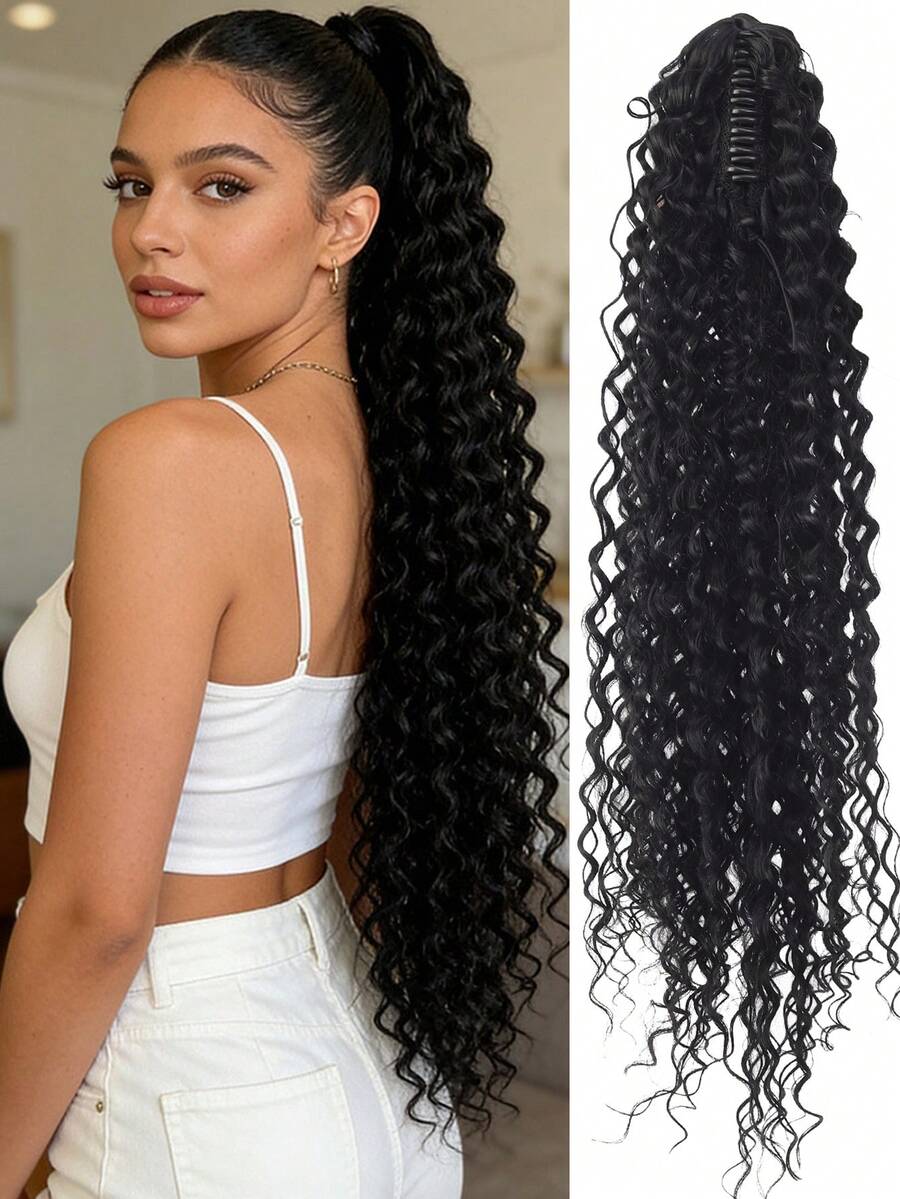 24英寸棕黑色深水波纹卷发马尾假发，柔软自然，适合女性佩戴