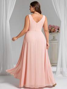 Plus Romantic V Neck Sleeveless Ruched Bust High Split Bridesmaid Dresses For Wedding Party Wedding Guest - Pink - View 2