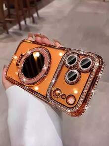 亮片、钻石 1 件装奢华水晶水钻涂层保护手机壳，带闪亮珍珠装饰镜面支架，高品质防震边框后盖，兼容 17/16/15/14/13/12/11 - 橘色 - 查看 2