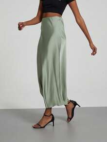 Women's Fashion All-Season Satin Elastic Waist Maxi Skirt Spring - Pine Green - View 7