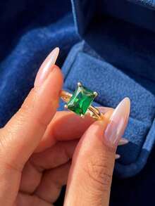 1 chiếc nhẫn mạ vàng đính đá Cubic Zirconia xanh hình chữ nhật, bạc 925 - Thiết kế tối giản nhưng nổi bật, trang sức cao cấp thanh lịch dành cho nữ, phù hợp để đeo hàng ngày và làm quà tặng. - Nhẫn kim cương vuông - Xem 5