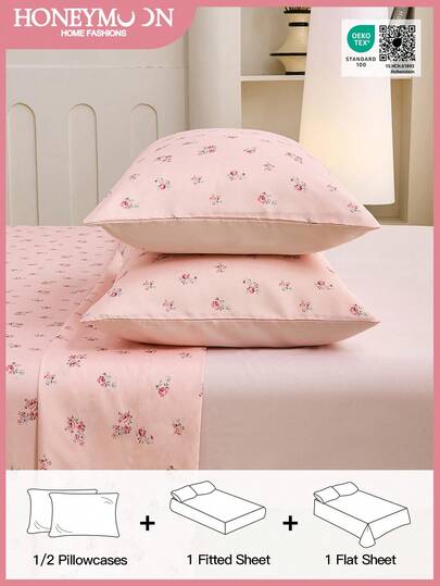 3pcs/Set (1 Fitted Sheet + 1 Flat Sheet + 1 Pillowcase) Or 4pcs/Set (1 Fitted Sheet + 1 Flat Sheet + 2 Pillowcases) Floral Print Bedding Set, 100% Polyester Fabric, Soft & Breathable, Suitable For 9-12 Inch Deep Pocket, Suitable For Home And Dorm, Oeko-Tex Certified, Great Gift For Mom