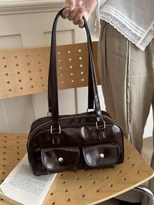 1 buah Tas Tangan Wanita Minimalis Retro dengan Dekorasi Resleting dan Pegangan Ganda untuk Penggunaan Sehari-hari dan Perjalanan Kasual - Kopi - View 3