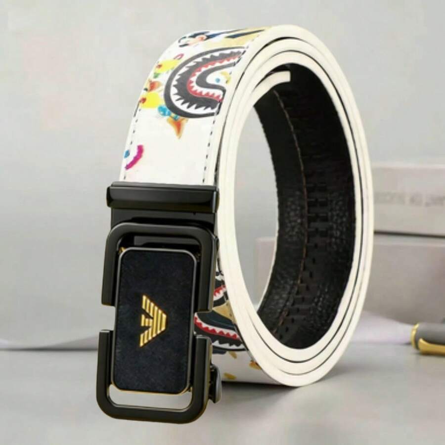 成人男女通用休闲涂鸦扣皮带，时尚字母设计高端男士皮带 - 彩色 - 查看 1