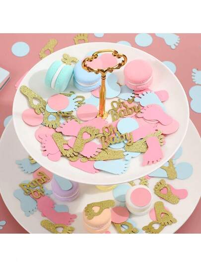 120 piezas de Confeti Colorido para Revelación de Género, Confeti Redondo Brillante Rosa, Azul y Dorado con Huella de Bebé "¡Oh Bebé!" para Fiesta de Revelación de Género, Decoración de Boda