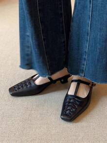 2026 Summer New French Retro Woven Square Toe Mule Shoes, Versatile Backless Slip-On Sandals For Commuting - Black - View 1