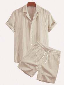2pcs Men's Casual Bubble Striped Breathable Shirt & Slant Pocket Drawstring Waist Shorts Set, Versatile For Daily Wear & Business, Non-Sweating, Summer Best Seller, Cozy Outfits - Khaki - View 1