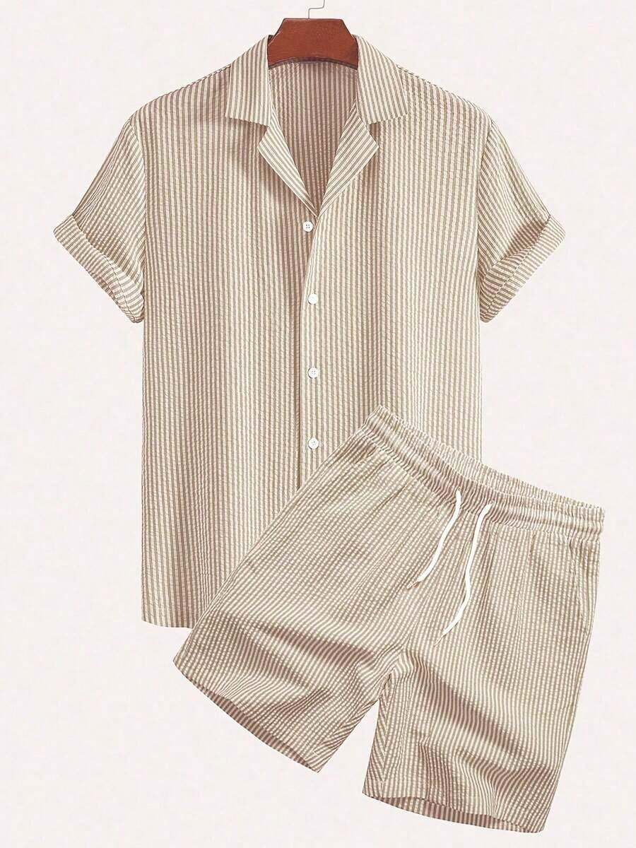 2pcs Men's Casual Bubble Striped Breathable Shirt & Slant Pocket Drawstring Waist Shorts Set, Versatile For Daily Wear & Business, Non-Sweating, Summer Best Seller, Cozy Outfits - Khaki - View 1