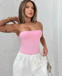 Set Of 2 Strapless Sleeveless Basic Casual Versatile Bodysuits In Spandex Fabric With Padded Cups For Everyday Use - Black and Pink - View 2