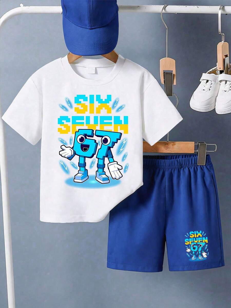 1 Set Boys' Teens' Short Sleeve T-Shirt And Shorts Set, With Number 67 Print, Perfect Summer Gift For School And Outdoor Wear, Spring/Summer - Multicolor - View 1