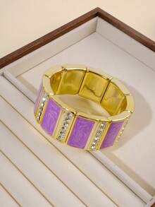 1Pc Acrylic Resin Tile Stretch Bracelet For Women, Colorful Rectangle Block Beads With Clear Rhinestone Decor & Gold Tone Frame, Y2K Statement Stackable Wrist Jewelry, Aesthetic Summer Vacation Party Accessories - Multiple Colors Of Square Patterns - View 15