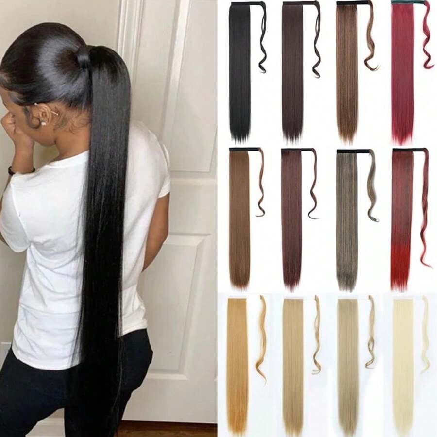 Tóc giả dài 24 inch, kiểu đuôi ngựa thẳng, kiểu quấn quanh đầu, kẹp tóc nối, màu đen, phụ kiện đội đầu. - Nhiều màu - Xem 1