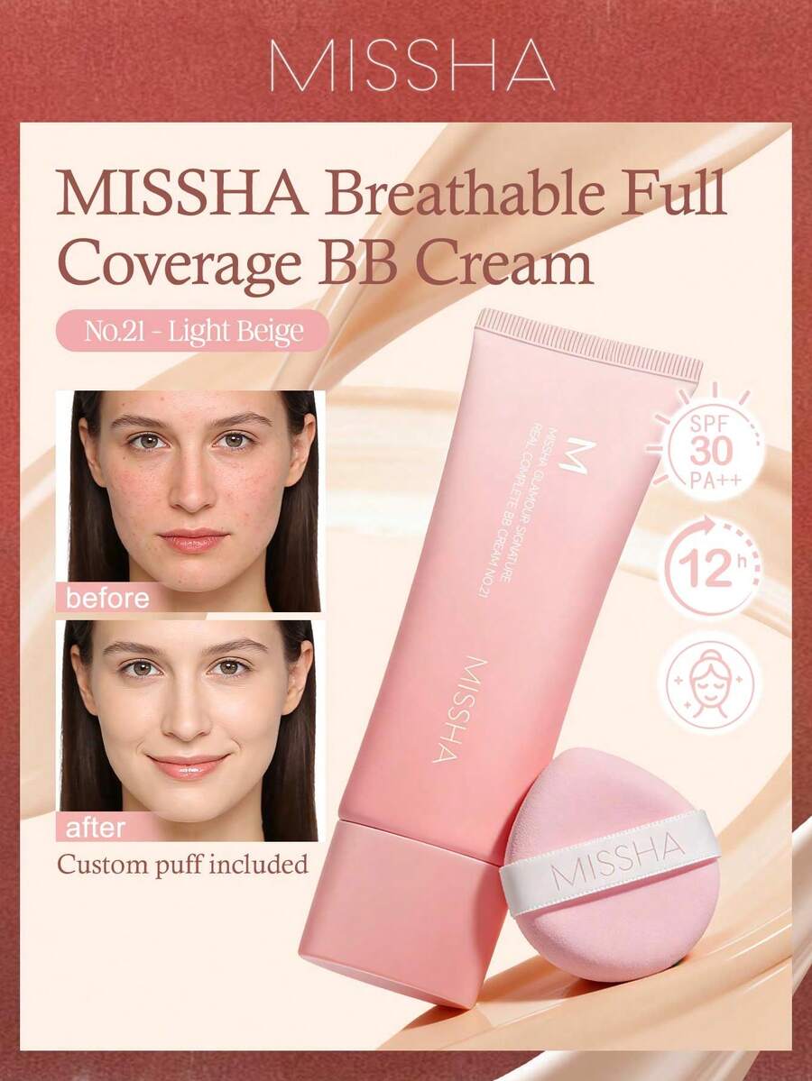 MISSHA M BB霜,全效遮瑕,自然妆感,保湿滋润,适合日常妆容,持久遮瑕,打造无瑕肌肤,CC霜,美白保湿霜,假日必备玫瑰女孩最佳色彩魅力氛围,女士圣诞礼物,时尚女装品牌,返校季,新娘婚纱,夏季,情人节,假期,情人节 - No.21 - Light Beige - 查看 1