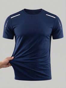 Men's Sports Running Short Sleeve Simple Elastic Breathable T-Shirt, Suitable For Summer Gym - Navy Blue - View 3