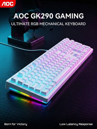  AOC 游戏机械键盘，108 键全尺寸有线键盘，RGB 灯光效果，低延迟电竞性能，符合人体工程学设计，黑白两色可选，采用耐用 ABS 材料制成。