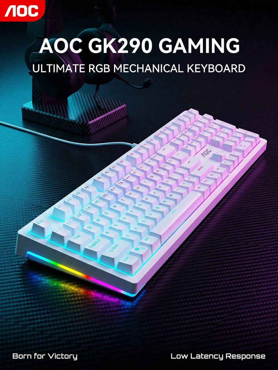 Bàn phím cơ chơi game AOC, bàn phím có dây 108 phím kích thước đầy đủ, hiệu ứng đèn RGB, hiệu năng chơi game eSports độ trễ thấp, thiết kế công thái học, có màu đen và trắng, được làm từ chất liệu ABS bền chắc. - Xem 1