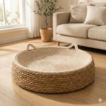 2-In-1 Round Woven Cat Scratching Bed With Cute Cat Ears - Durable Rope Scratching Post And Cozy Sleeping Bed, Indoor Cat Resting Station, Space-Saving Scratch & Nap All-In-One, Cat Bed Mat - Beige - View 3