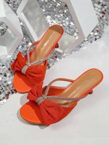 Sandal cao gót quai nơ đính đá mùa hè mới dành cho nữ, dép lê thời trang đa năng tiện dụng cho kỳ nghỉ. - trái cam - Xem 6