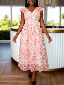 AOMEI 女士粉色 3D 立体花卉长款连衣裙 V 领荷叶袖 A 字优雅婚礼宾客伴娘派对夏季连衣裙 - 粉色 - 查看 3