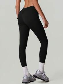 女士夏季高腰显瘦弹力训练跑步瑜伽紧身裤提臀蜜桃臀运动健身紧身裤 - 黑色 - 查看 9