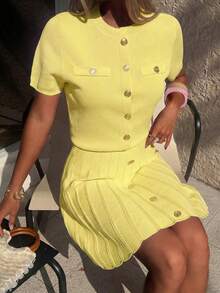 Women's Minimalist Elegant Knit Two Pieces Set, Casual Chic Style, Spring/Summer - Yellow-green - View 11