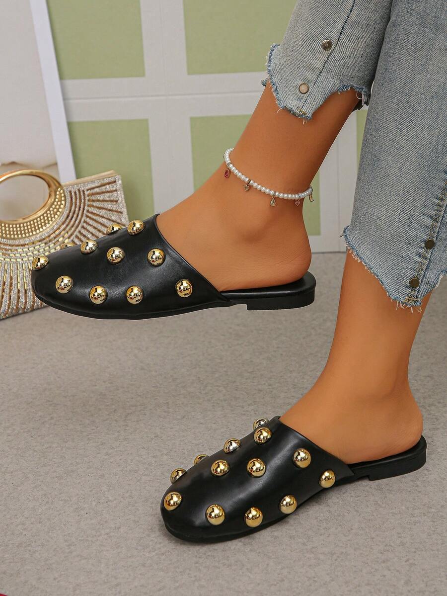 Personalized Metal Rivet Flat Sandals Women, Open Back Mule Shoes, Retro Punk Style Commuting Daily Wear Shoes - Black - View 1