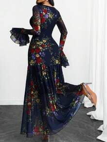 女士优雅浪漫性感法式方领迷人全衬里弹力面料多层荷叶袖连衣裙 - 彩色 - 查看 3