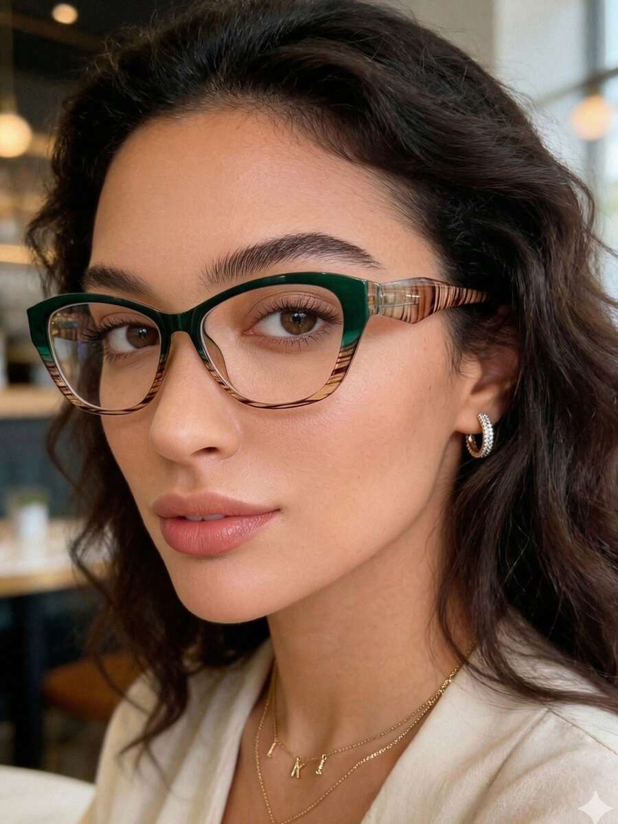 Geometric Cat-Eye Eyeglass Frame With Faceted Temples, Rounded Cat-Eye Shape, Made Of Lightweight And Durable Resin, Thick Sides, Perfect For Prescription Lenses, 2026 , Elegant And Luxurious Gift For Women - Màu xanh đậm lốm đốm - Xem 1