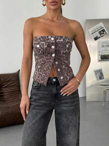 SQUALO Women's Denim Leopard Print Bandeau Crop Top Slit Hem - Brown - View 3
