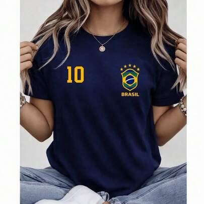 Camiseta Feminina Camisa 10 Brasil Copa Manga Curta Gola Redonda Casual Respirável Confortável