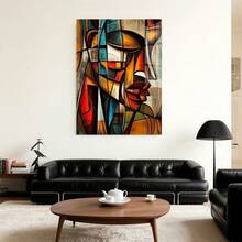 Con marco 1 Pintura Decorativa Abstracta Moderna de Estilo Africano - Rojo Intenso, Amarillo, Azul, Negro, Blanco, Naranja, Envuelta en Lienzo y Enmarcada - Decoración para Sala de Estar, Oficina, Hogar - Regalo de Decoración Africana Contemporánea, Colores Vibrantes, Obra de Arte Duradera, Obra de Arte Decorativa, Diseñadores de Interiores, Diseño Plano 2D, Perfecta para Decoración de Interiores..Disponible en tamaños de 20.83 x 30.99 cm o 30.99 x 46.23 cm - Enmarcado - Ver 3