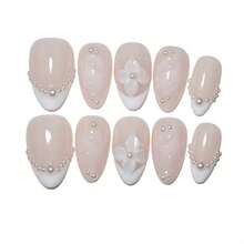 10Pcs Almond Handmade Press On Nails Floral Seashell Ombre Collection With 3D Decor Gold Bead Accents Reusable Easy To Apply Salon-Quality Fake Nails For Women And Girls (PZ04, S) - PZ04 + S - 查看 1